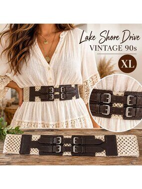Vintage 90s Lake Shore Drive XL Crochet Belt Double Buckle Brown Cream Boho